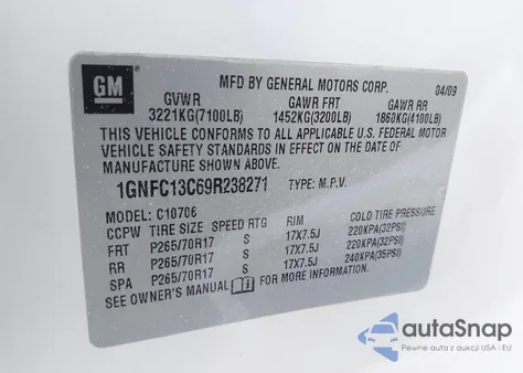 2009 Chevrolet Tahoe Ls z USA, uszkodzony, nr VIN 1GNFC13C69R238271